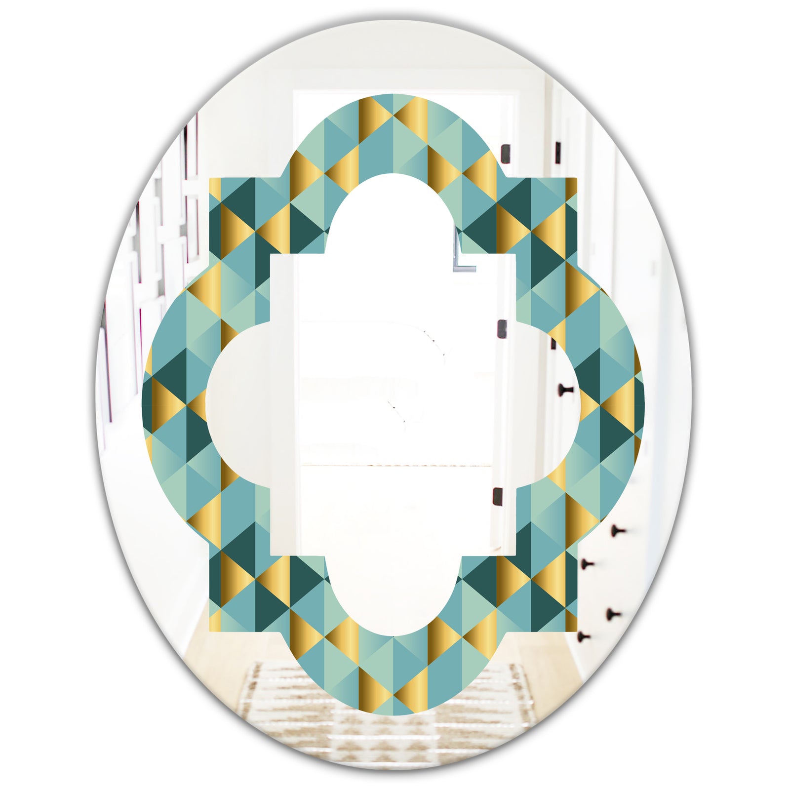 Gold and Blue Dynamics V - Modern Round or Oval Wall Mirror - Quatrefoil