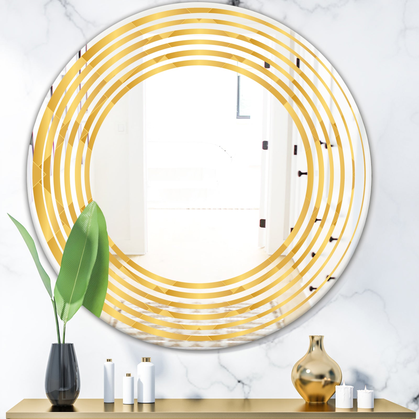 Golden Geometric I - Modern Round or Oval Wall Mirror - Wave