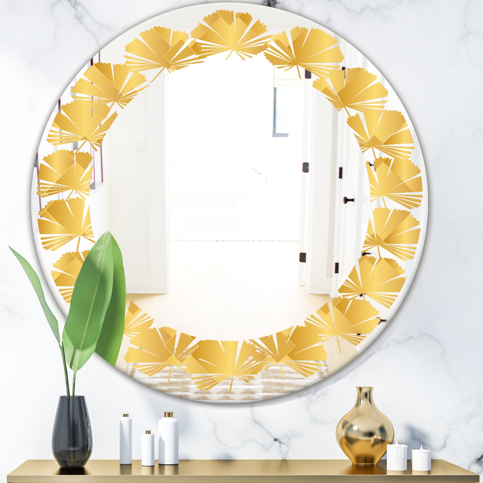 Golden Geometric I - Modern Round or Oval Wall Mirror - Leaves