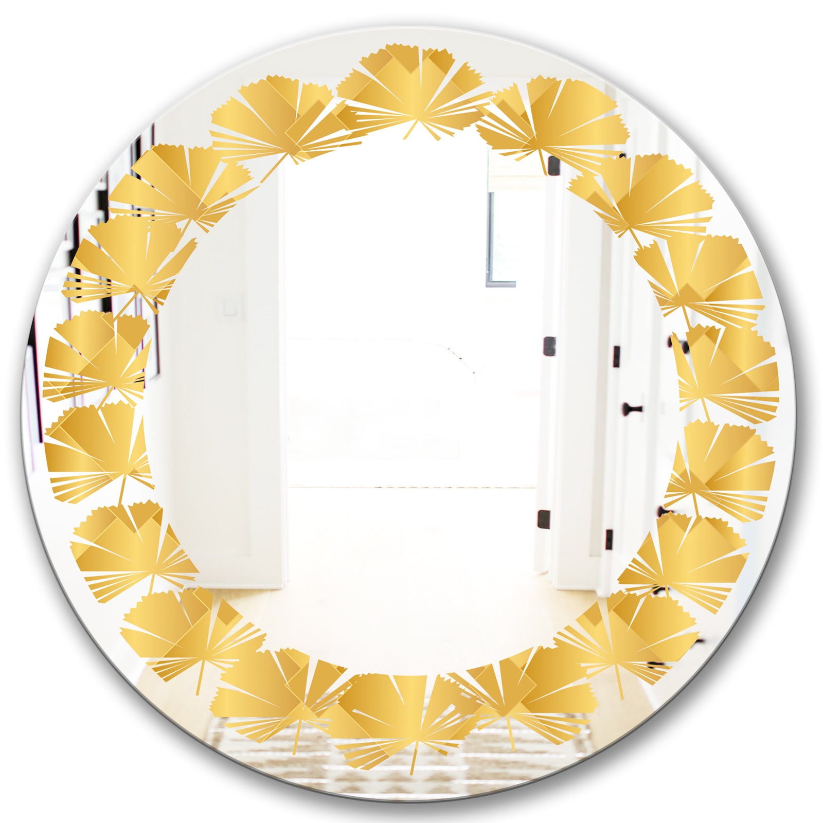 Golden Geometric I - Modern Round or Oval Wall Mirror - Leaves