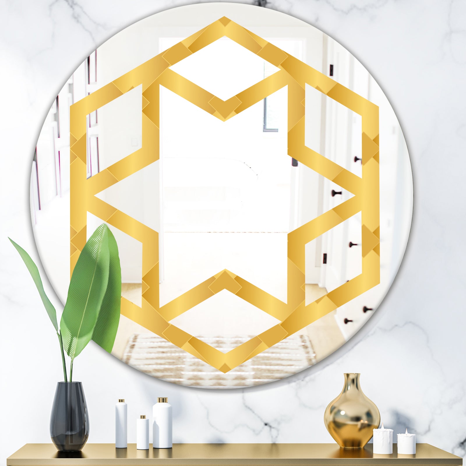 Golden Geometric I - Modern Round or Oval Wall Mirror - Hexagon Star
