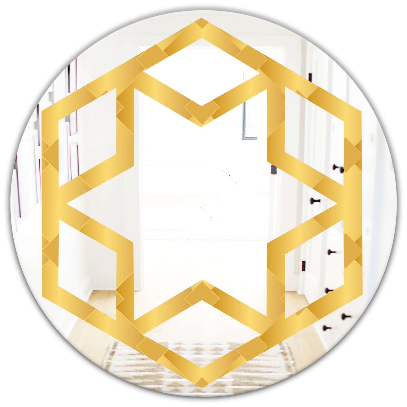 Golden Geometric I - Modern Round or Oval Wall Mirror - Hexagon Star