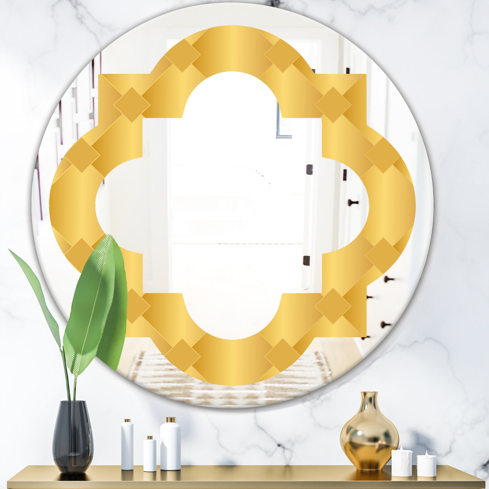 Golden Geometric I - Modern Round or Oval Wall Mirror - Quatrefoil