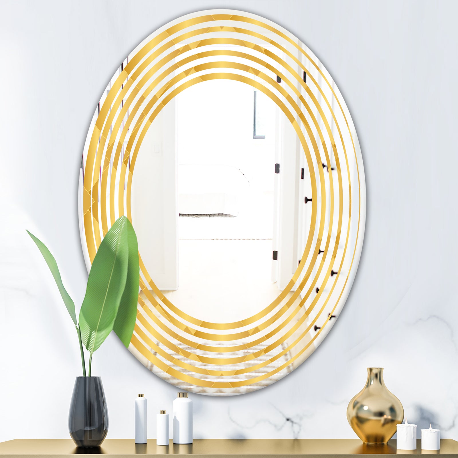 Golden Geometric I - Modern Round or Oval Wall Mirror - Wave