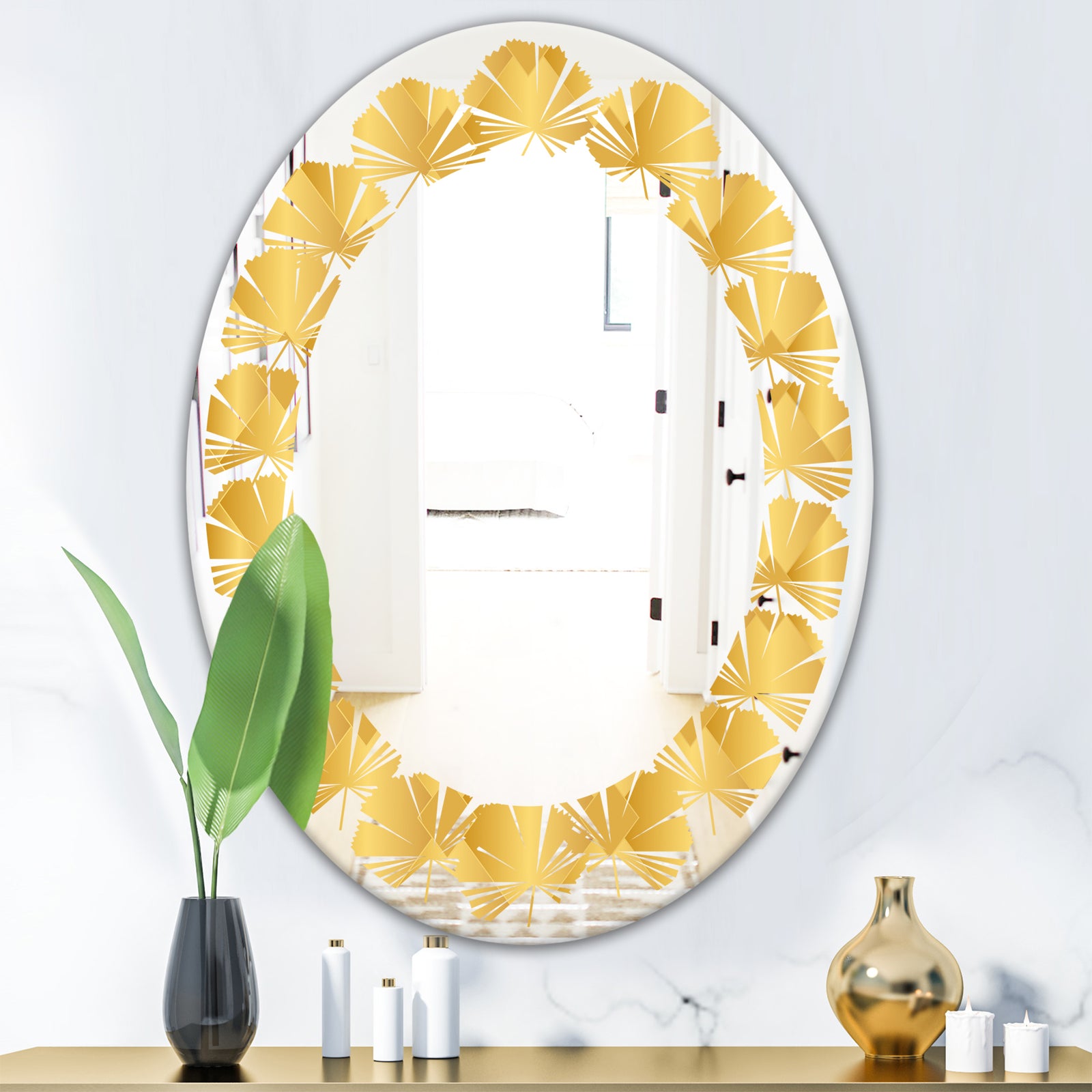 Golden Geometric I - Modern Round or Oval Wall Mirror - Leaves