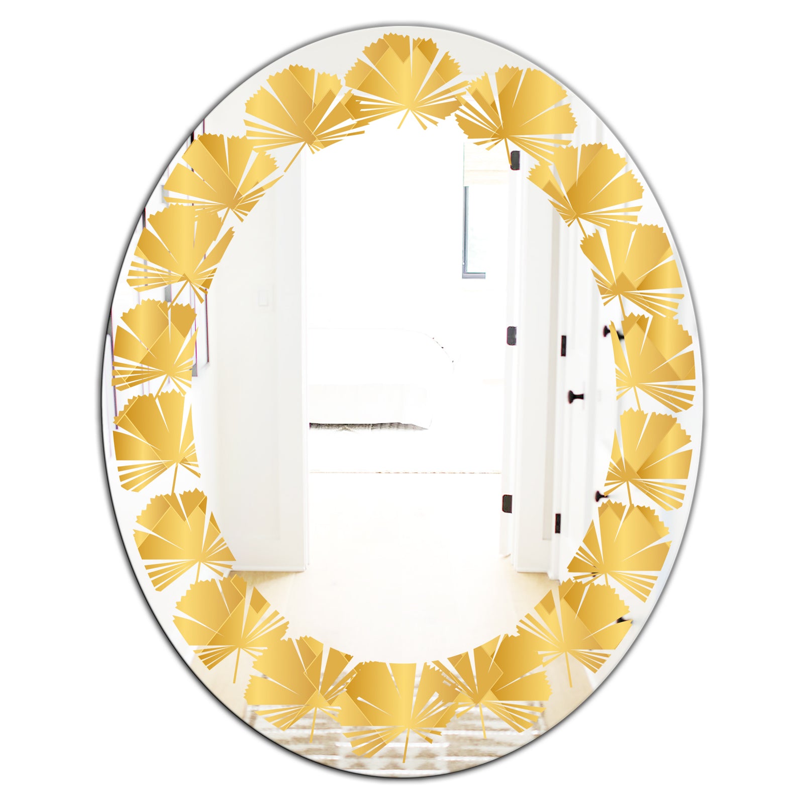 Golden Geometric I - Modern Round or Oval Wall Mirror - Leaves