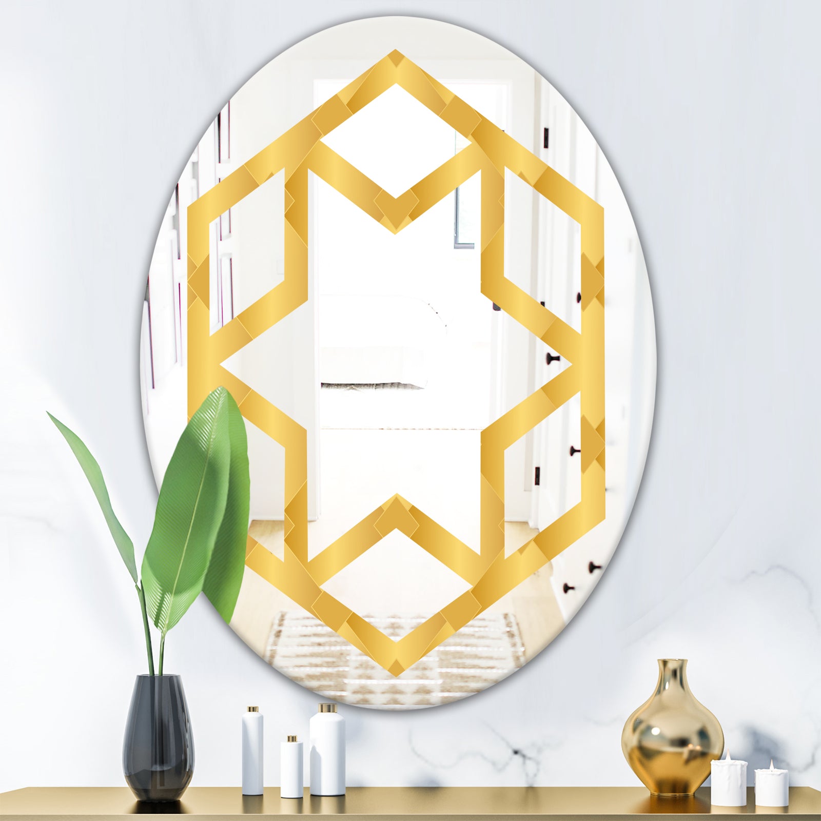 Golden Geometric I - Modern Round or Oval Wall Mirror - Hexagon Star