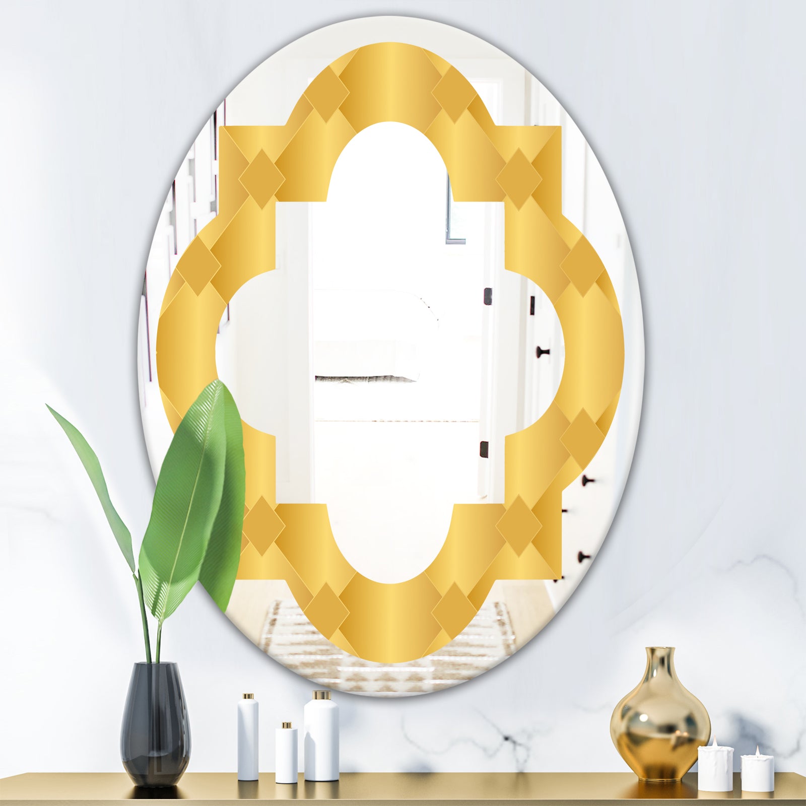 Golden Geometric I - Modern Round or Oval Wall Mirror - Quatrefoil