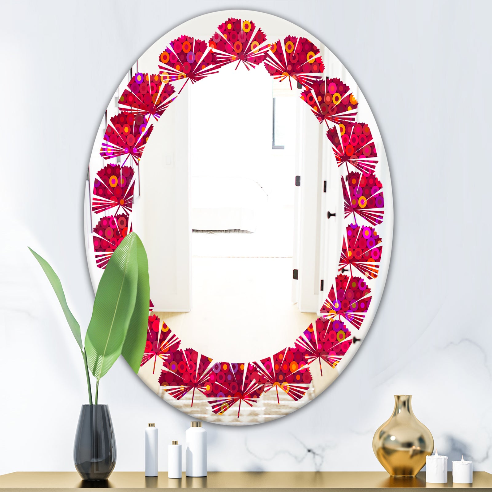Circular Retro Design III - Modern Round or Oval Wall Mirror - Leaves