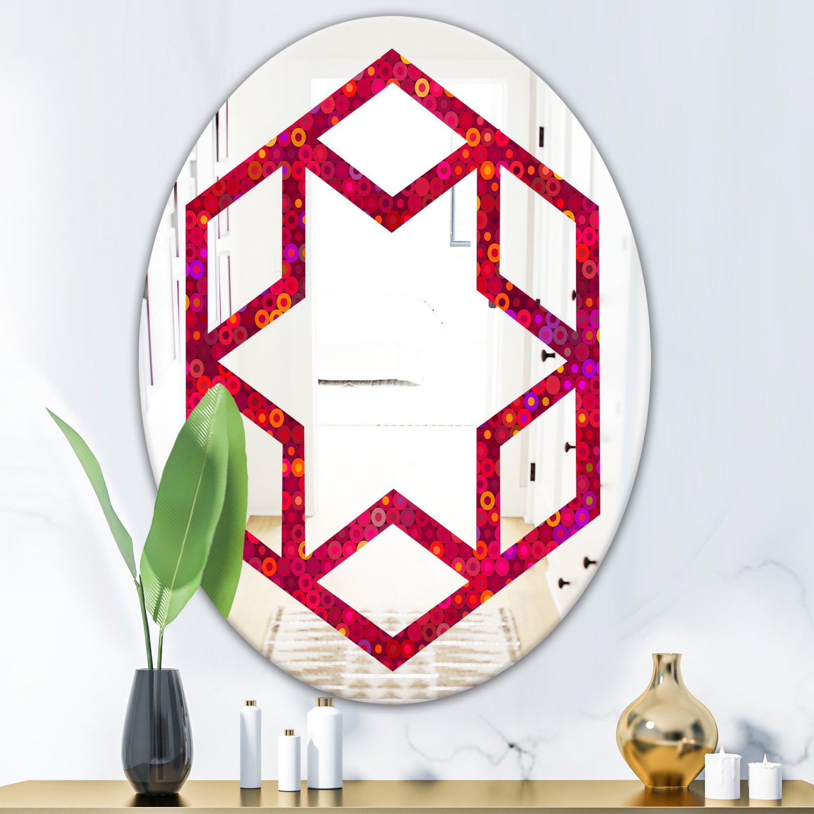 Circular Retro Design III - Modern Round or Oval Wall Mirror - Hexagon Star