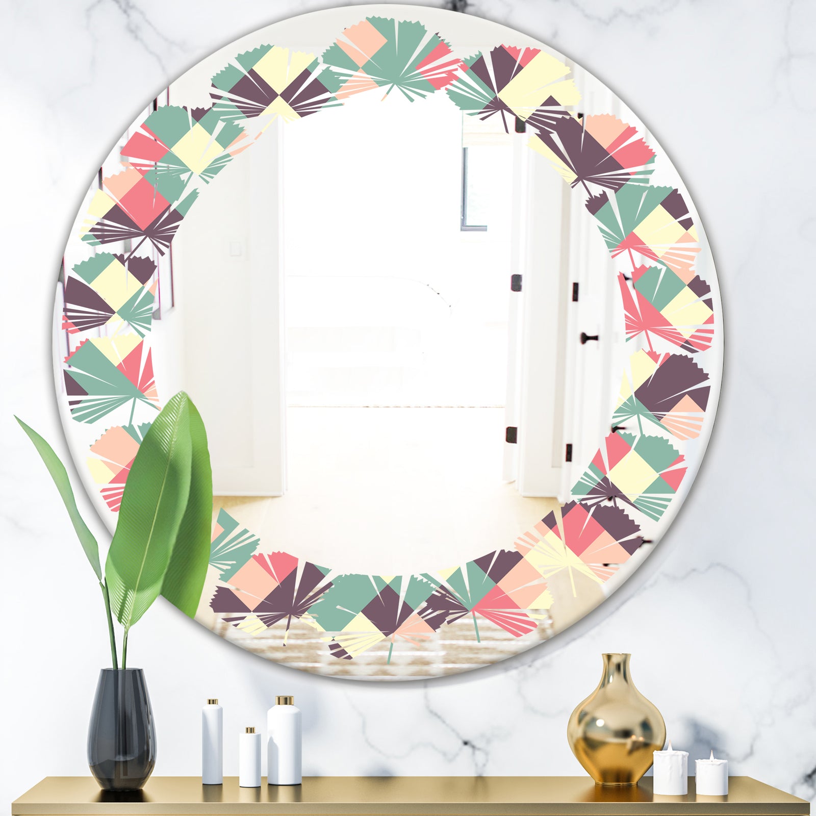 Retro Square Design IV - Modern Round or Oval Wall Mirror - Leaves