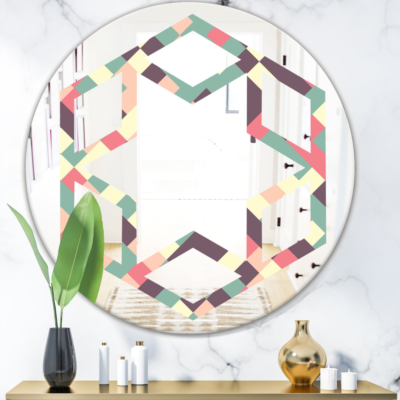 Retro Square Design IV - Modern Round or Oval Wall Mirror - Hexagon Star