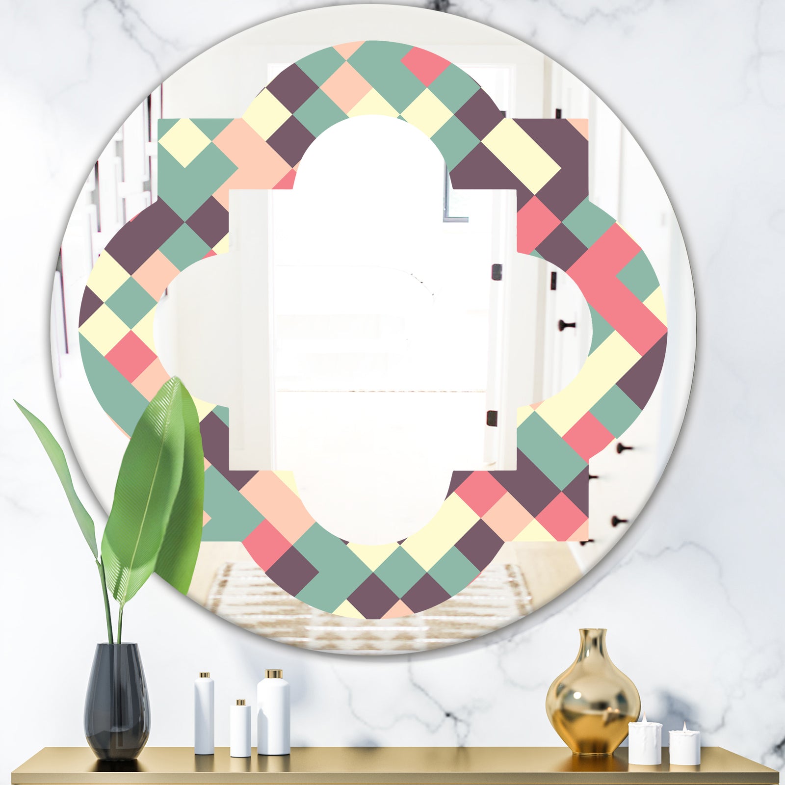 Retro Square Design IV - Modern Round or Oval Wall Mirror - Quatrefoil