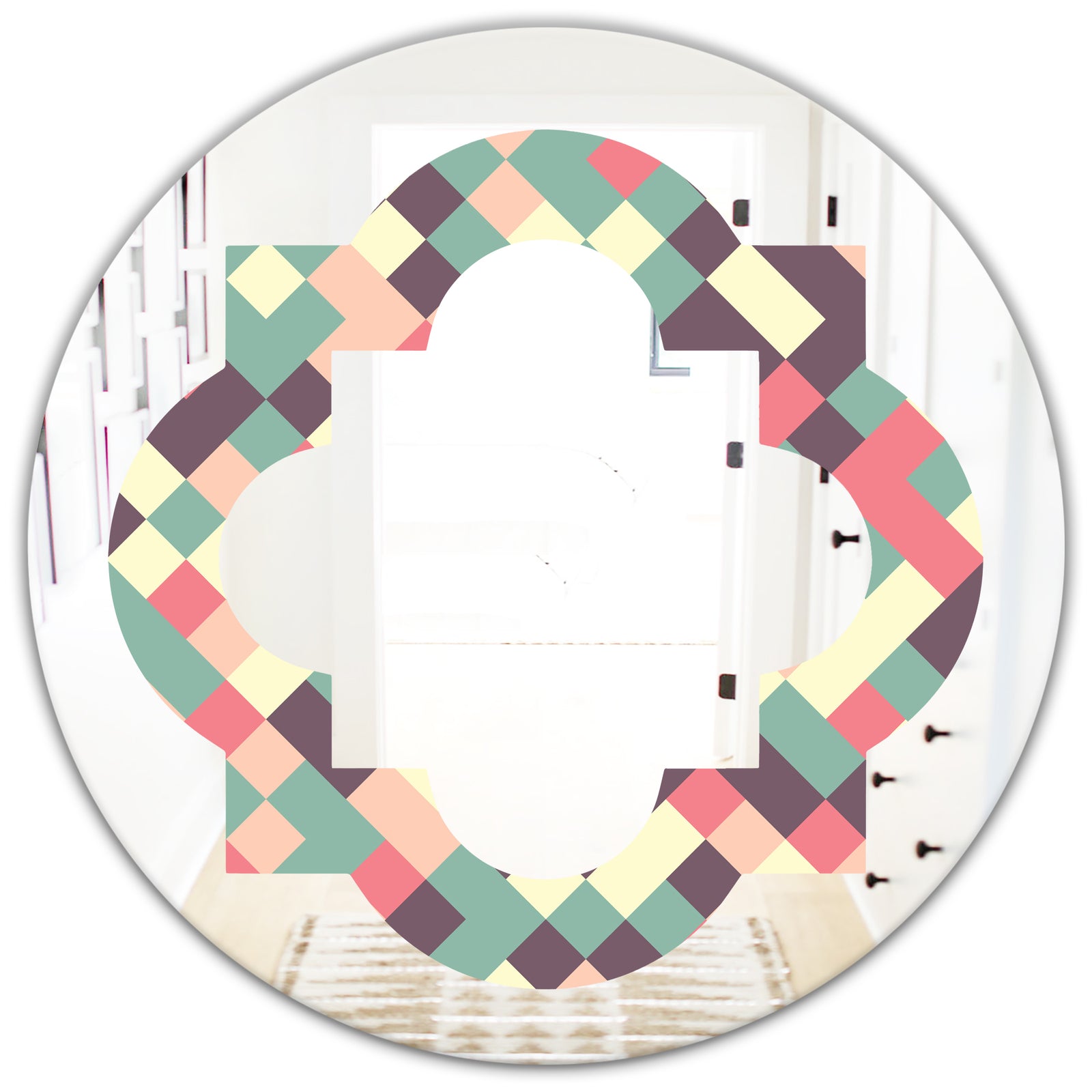 Retro Square Design IV - Modern Round or Oval Wall Mirror - Quatrefoil