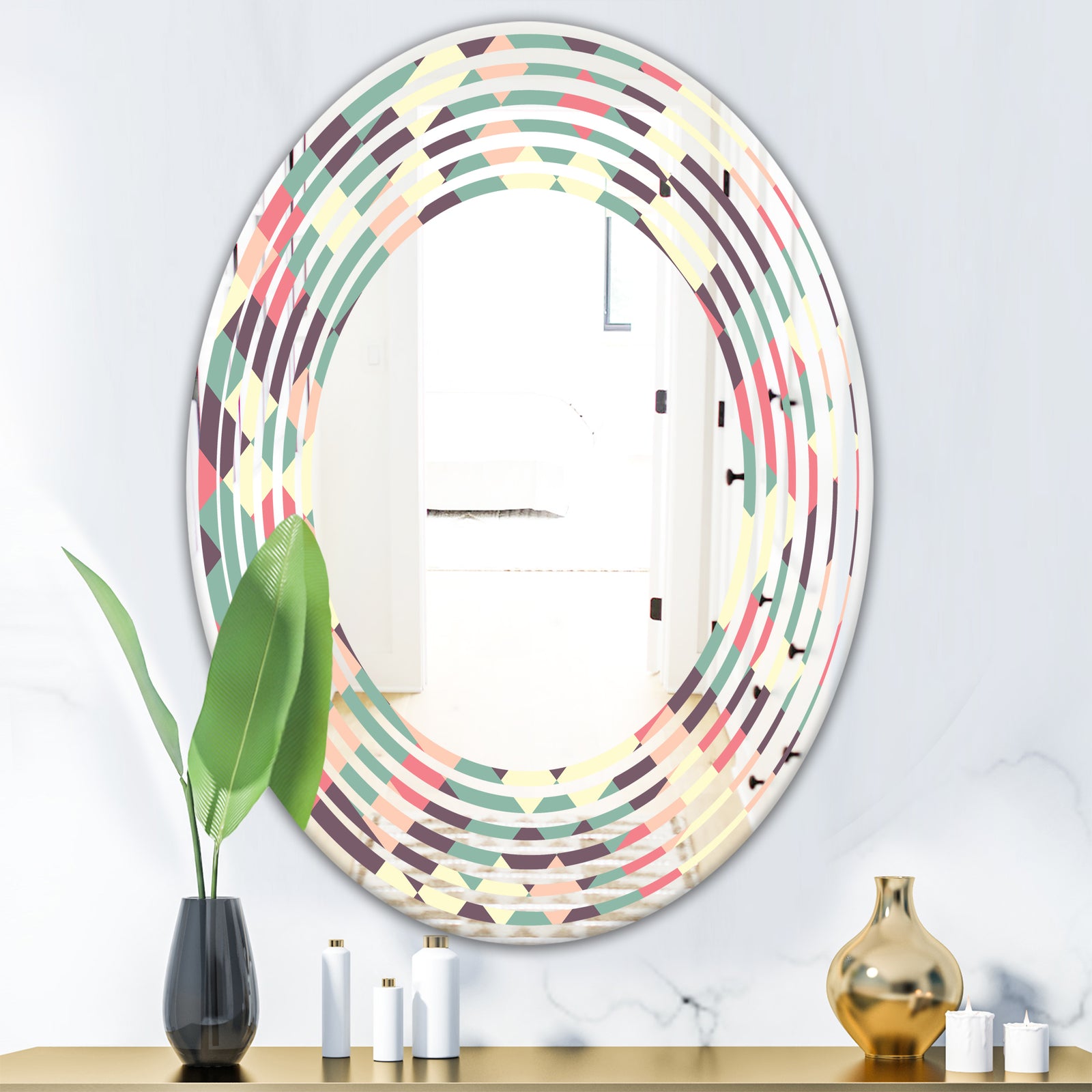 Retro Square Design IV - Modern Round or Oval Wall Mirror - Wave
