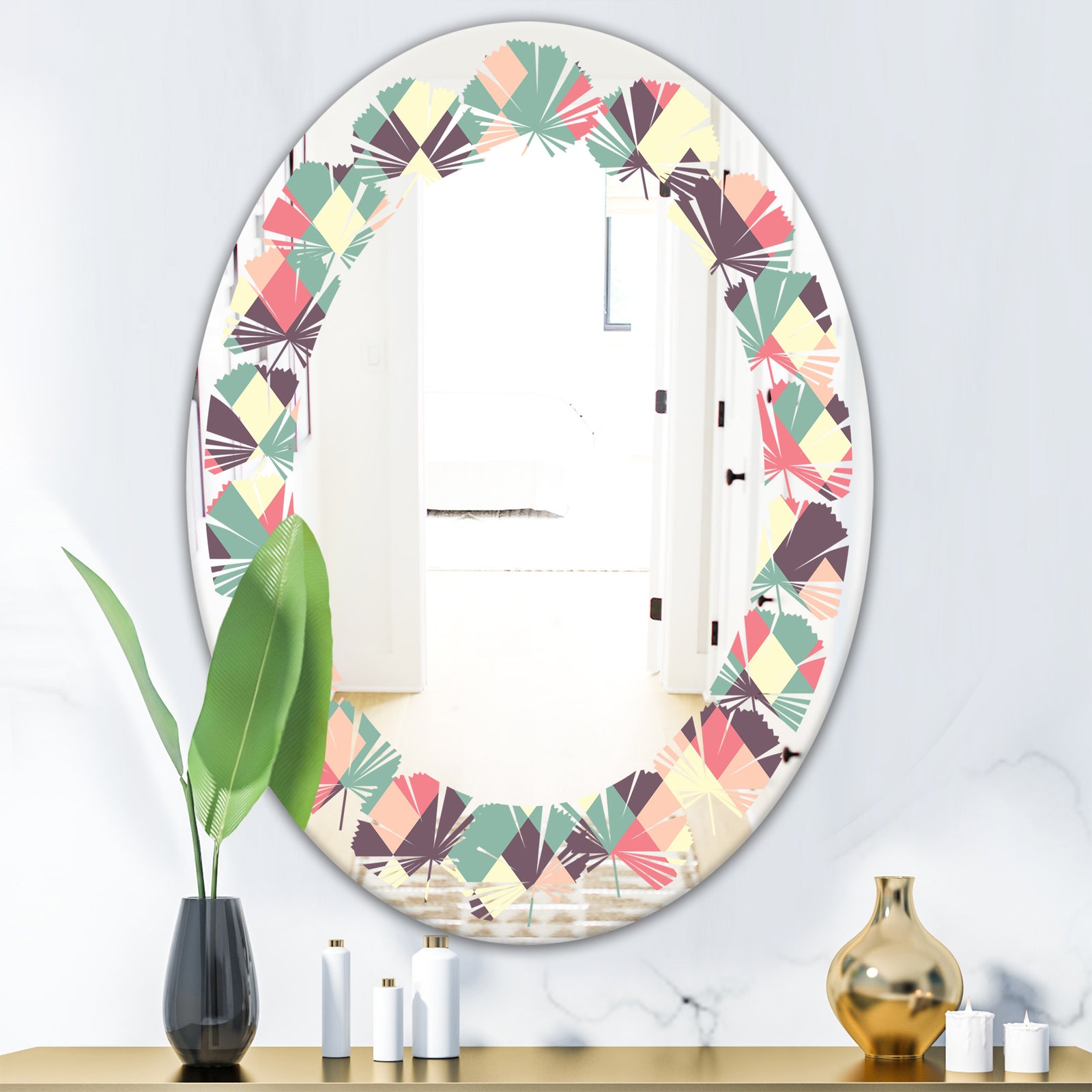 Retro Square Design IV - Modern Round or Oval Wall Mirror - Leaves