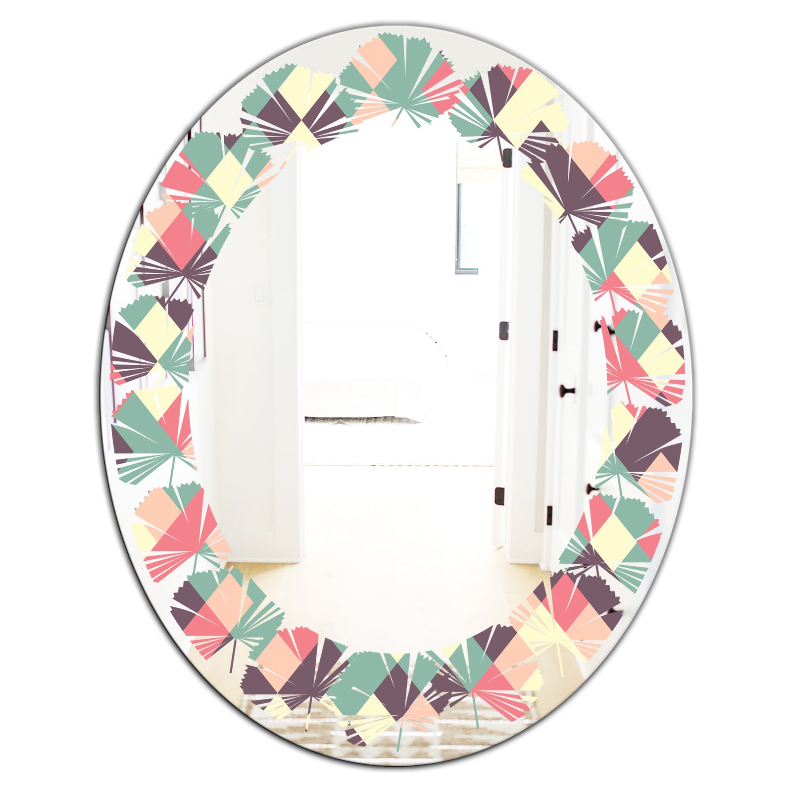 Retro Square Design IV - Modern Round or Oval Wall Mirror - Leaves