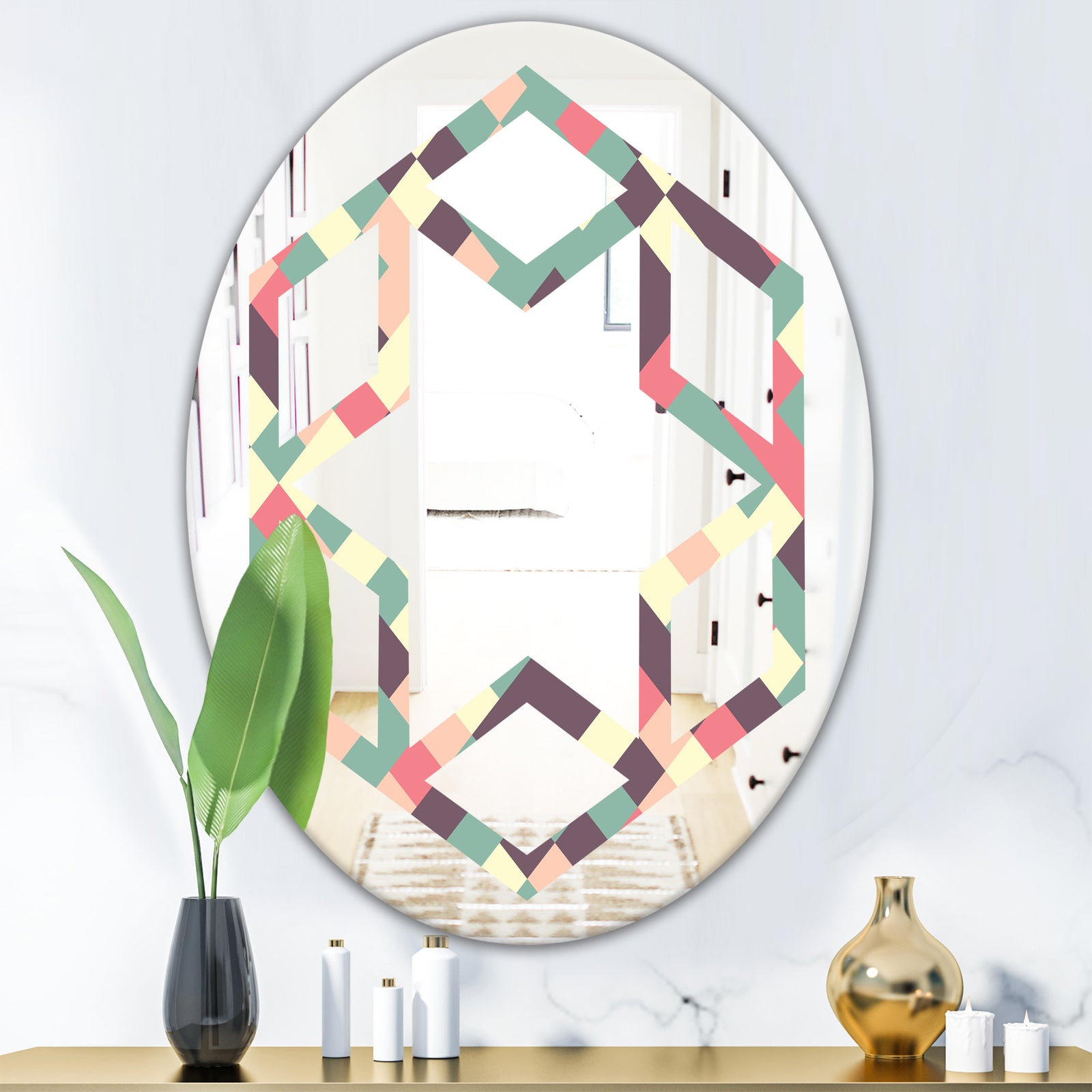 Retro Square Design IV - Modern Round or Oval Wall Mirror - Hexagon Star