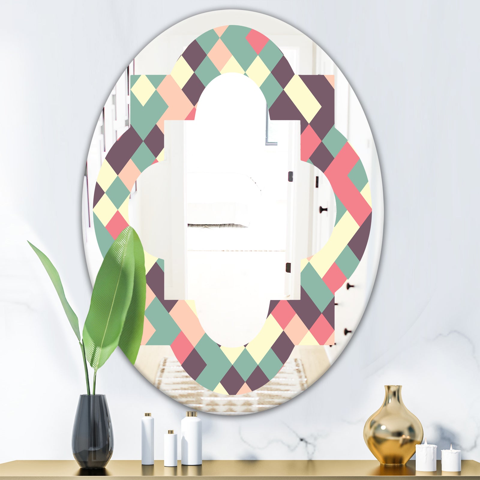 Retro Square Design IV - Modern Round or Oval Wall Mirror - Quatrefoil