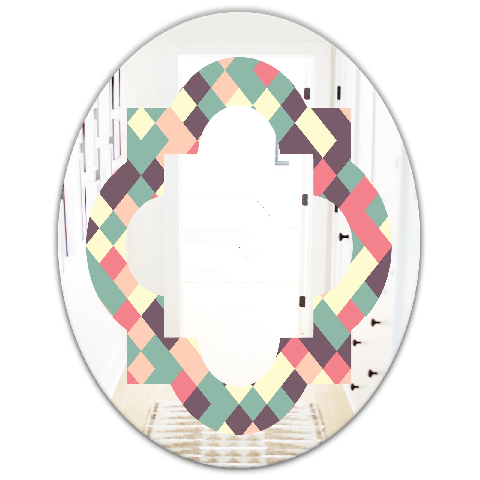 Retro Square Design IV - Modern Round or Oval Wall Mirror - Quatrefoil