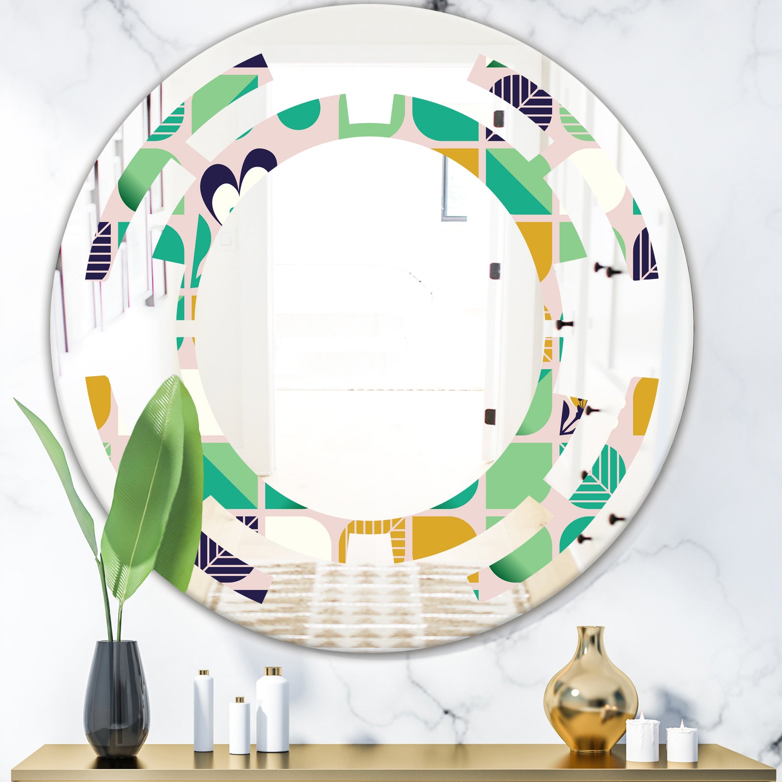 geometric pattern with leaves and flowers - Modern Round or Oval Wall Mirror - Space