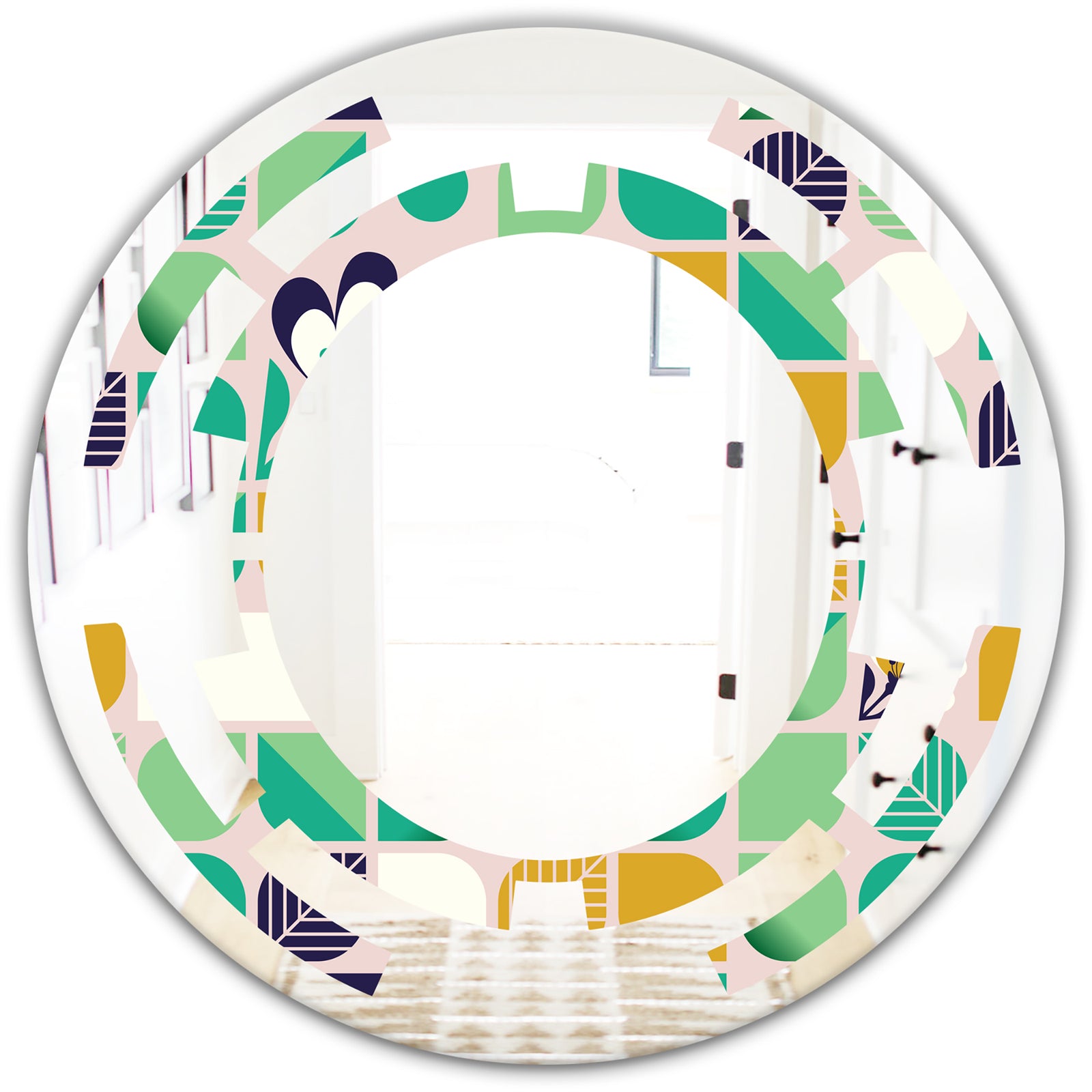 geometric pattern with leaves and flowers - Modern Round or Oval Wall Mirror - Space