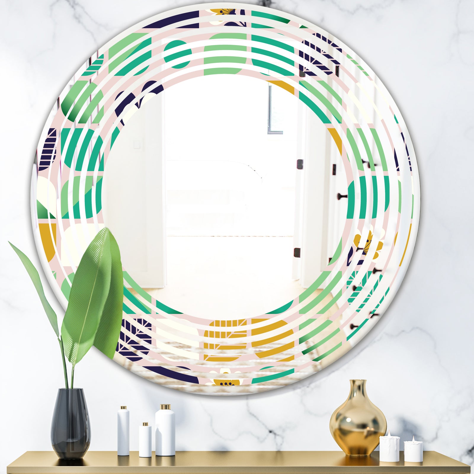 geometric pattern with leaves and flowers - Modern Round or Oval Wall Mirror - Wave