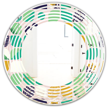 geometric pattern with leaves and flowers - Modern Round or Oval Wall Mirror - Wave