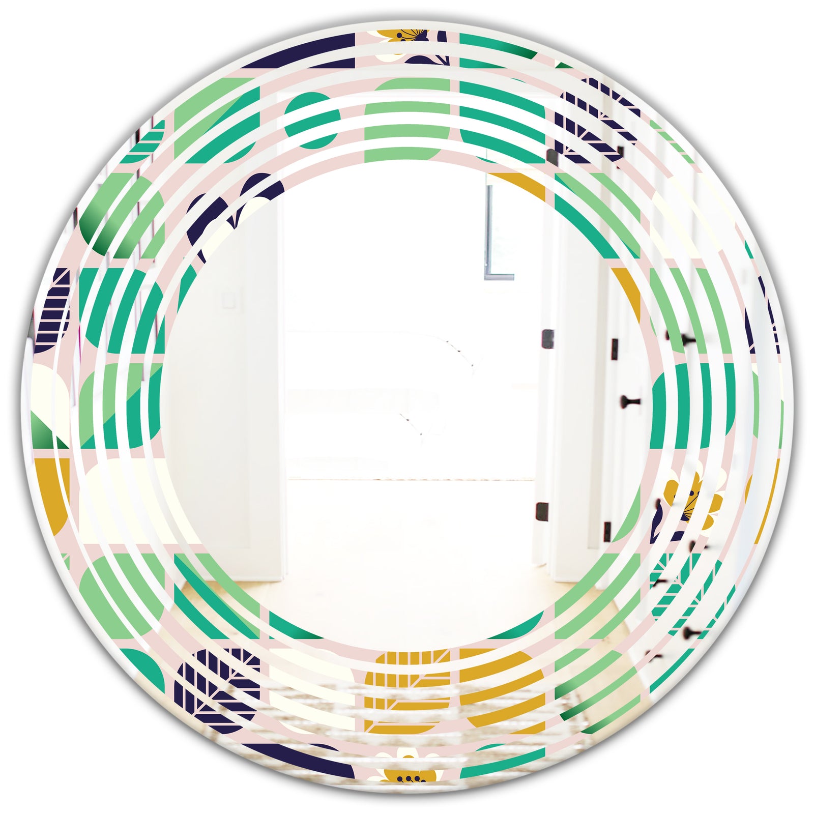 geometric pattern with leaves and flowers - Modern Round or Oval Wall Mirror - Wave