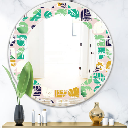 geometric pattern with leaves and flowers - Modern Round or Oval Wall Mirror - Leaves