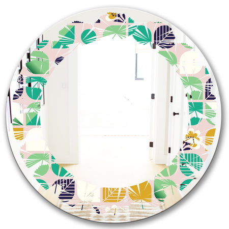geometric pattern with leaves and flowers - Modern Round or Oval Wall Mirror - Leaves