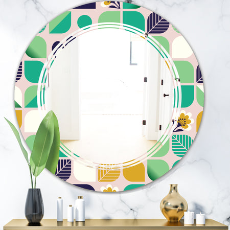 geometric pattern with leaves and flowers - Modern Round or Oval Wall Mirror - Triple C