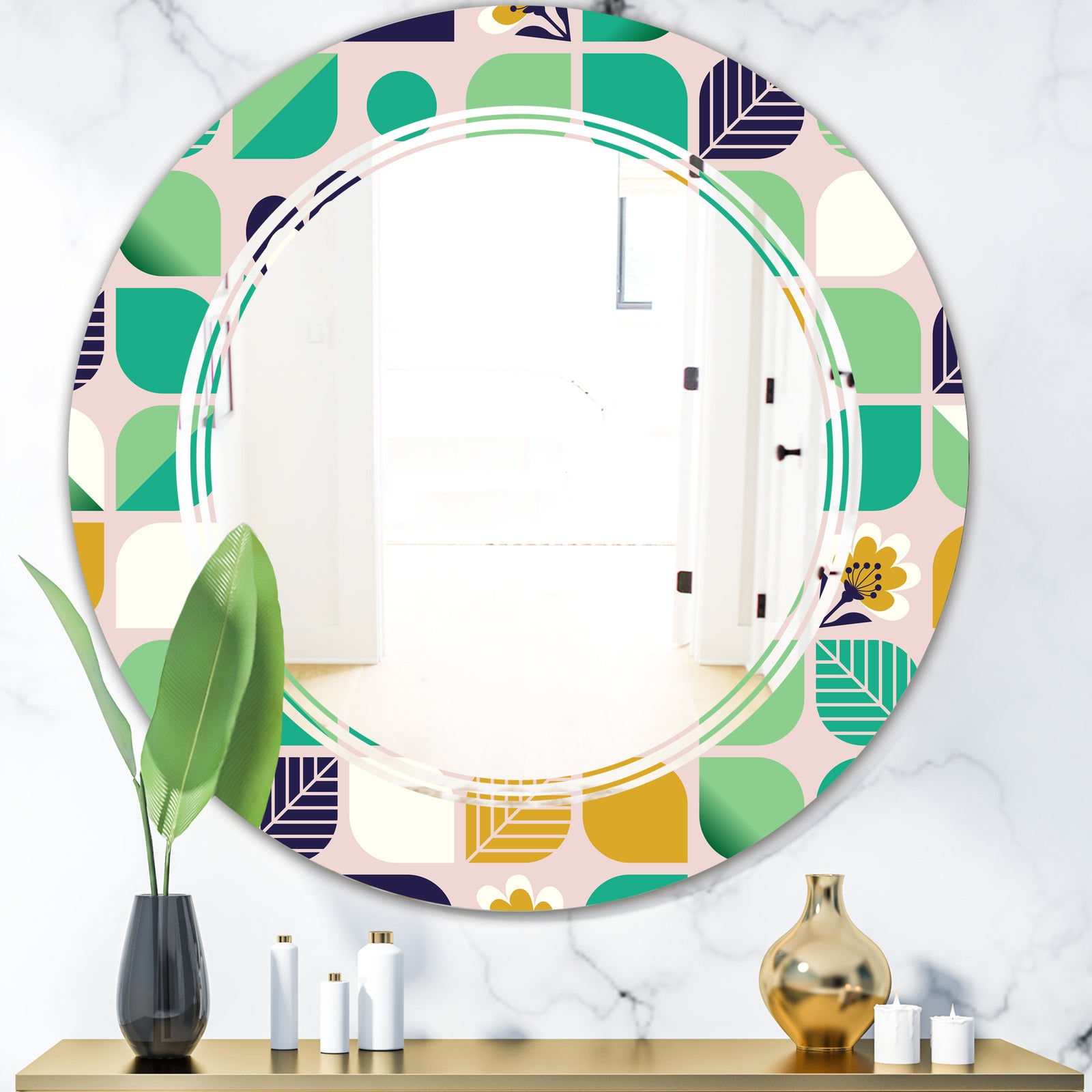 geometric pattern with leaves and flowers - Modern Round or Oval Wall Mirror - Triple C
