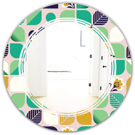 geometric pattern with leaves and flowers - Modern Round or Oval Wall Mirror - Triple C