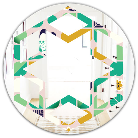 geometric pattern with leaves and flowers - Modern Round or Oval Wall Mirror - Hexagon Star