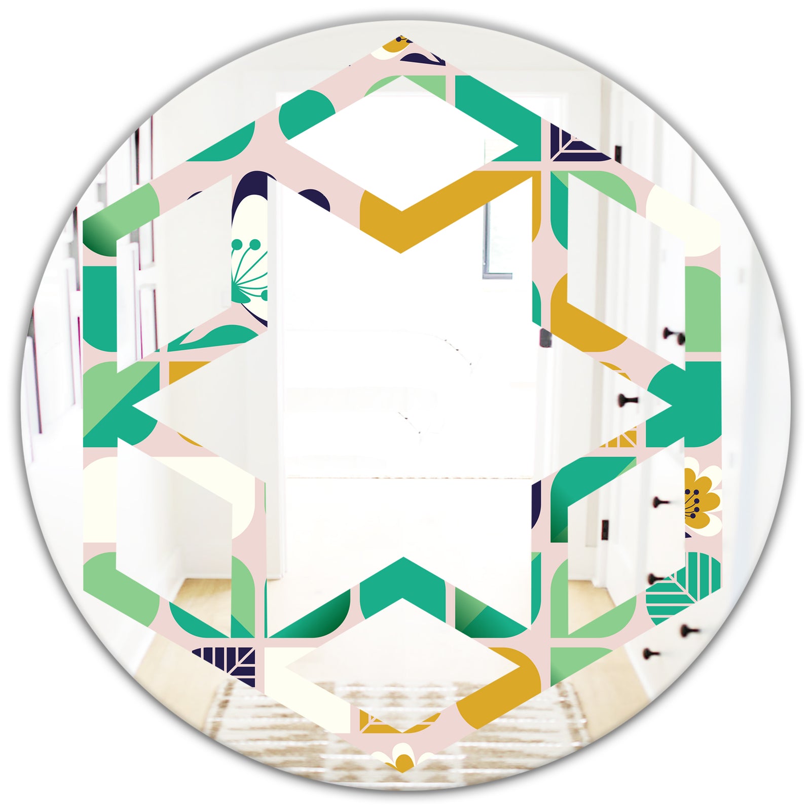 geometric pattern with leaves and flowers - Modern Round or Oval Wall Mirror - Hexagon Star
