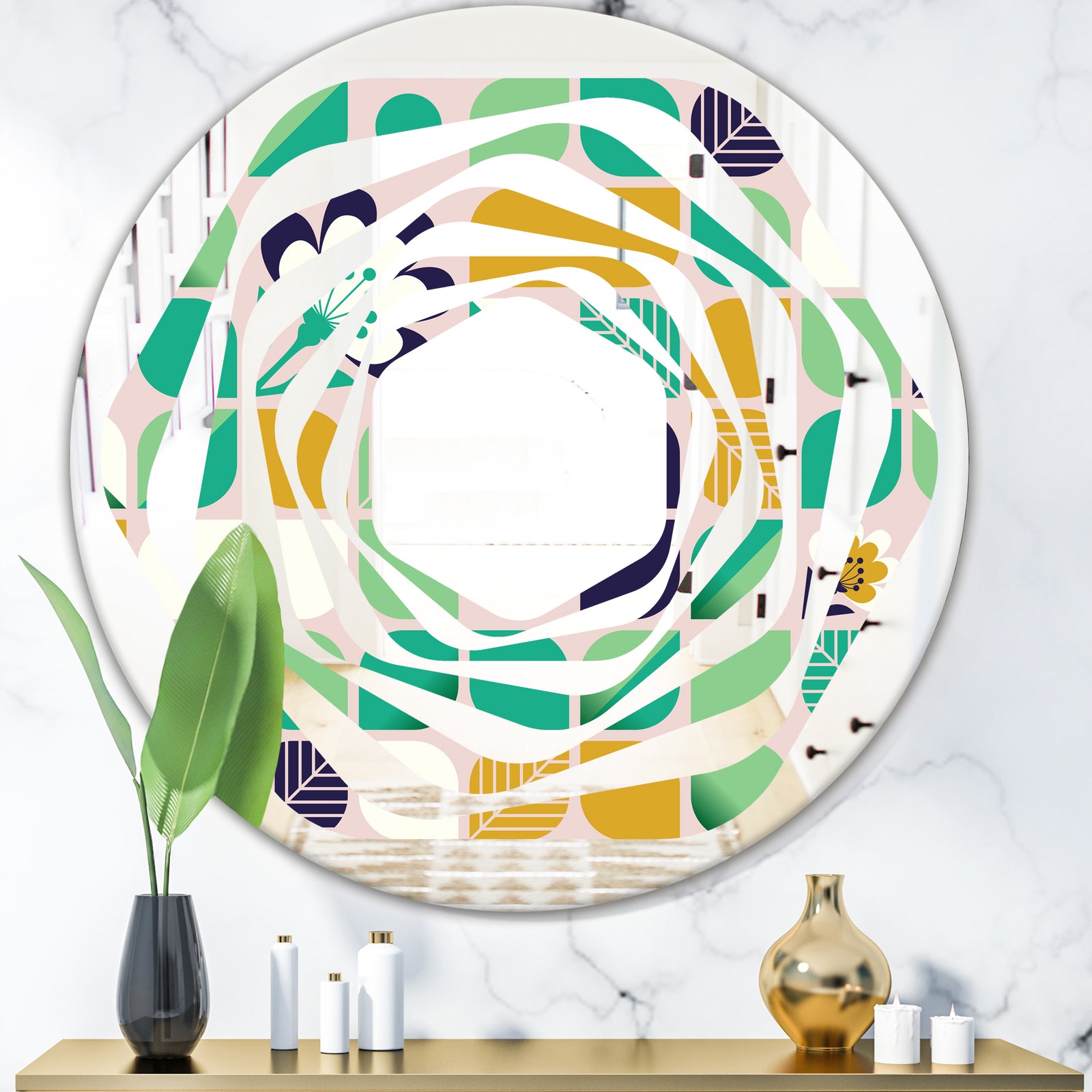 geometric pattern with leaves and flowers - Modern Round or Oval Wall Mirror - Whirl