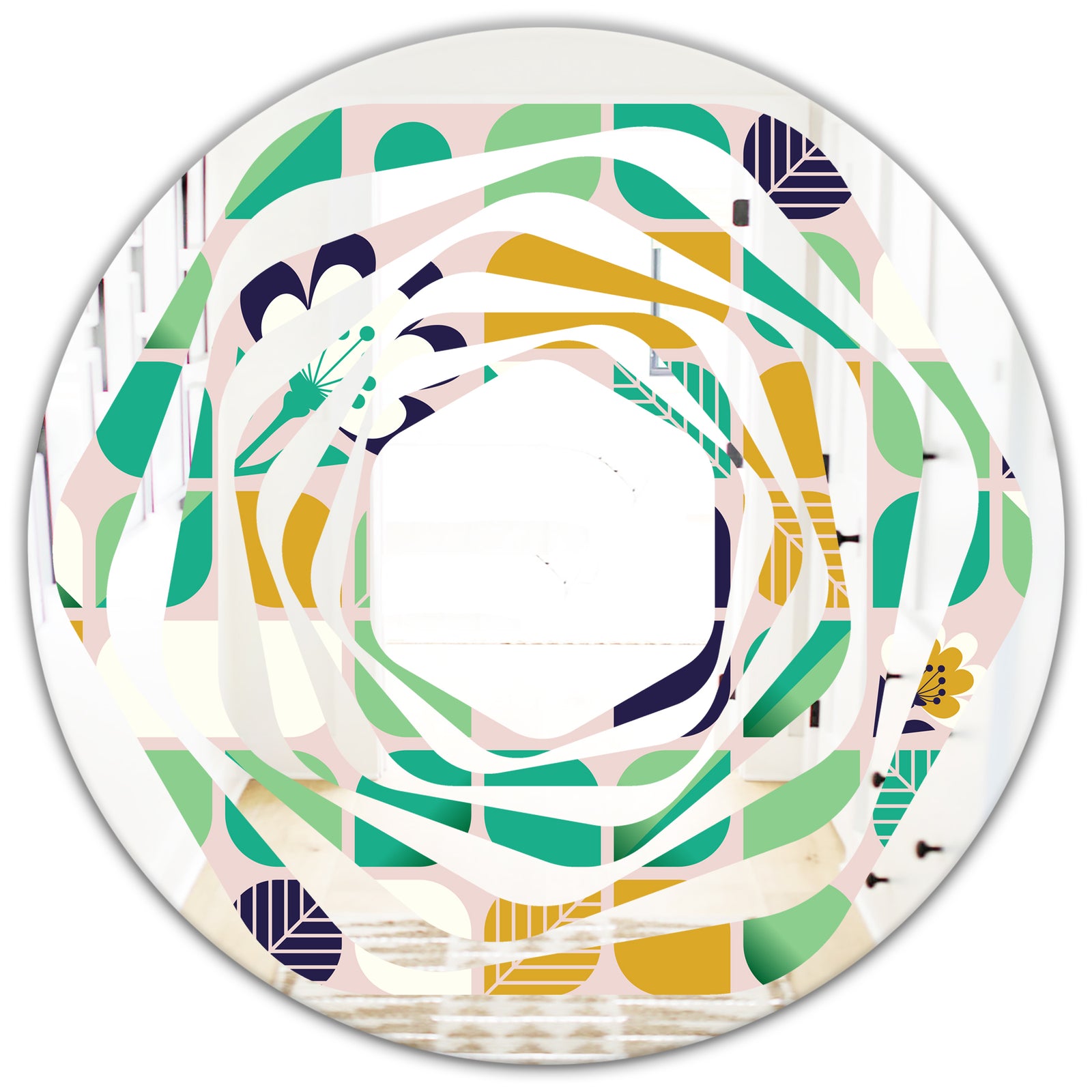 geometric pattern with leaves and flowers - Modern Round or Oval Wall Mirror - Whirl