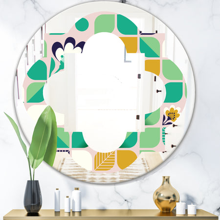 geometric pattern with leaves and flowers - Modern Round or Oval Wall Mirror - Quatrefoil