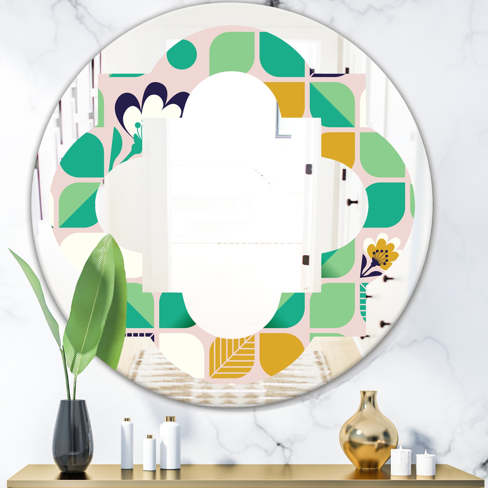 geometric pattern with leaves and flowers - Modern Round or Oval Wall Mirror - Quatrefoil