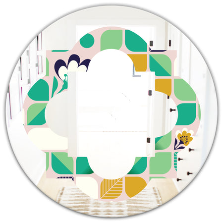 geometric pattern with leaves and flowers - Modern Round or Oval Wall Mirror - Quatrefoil