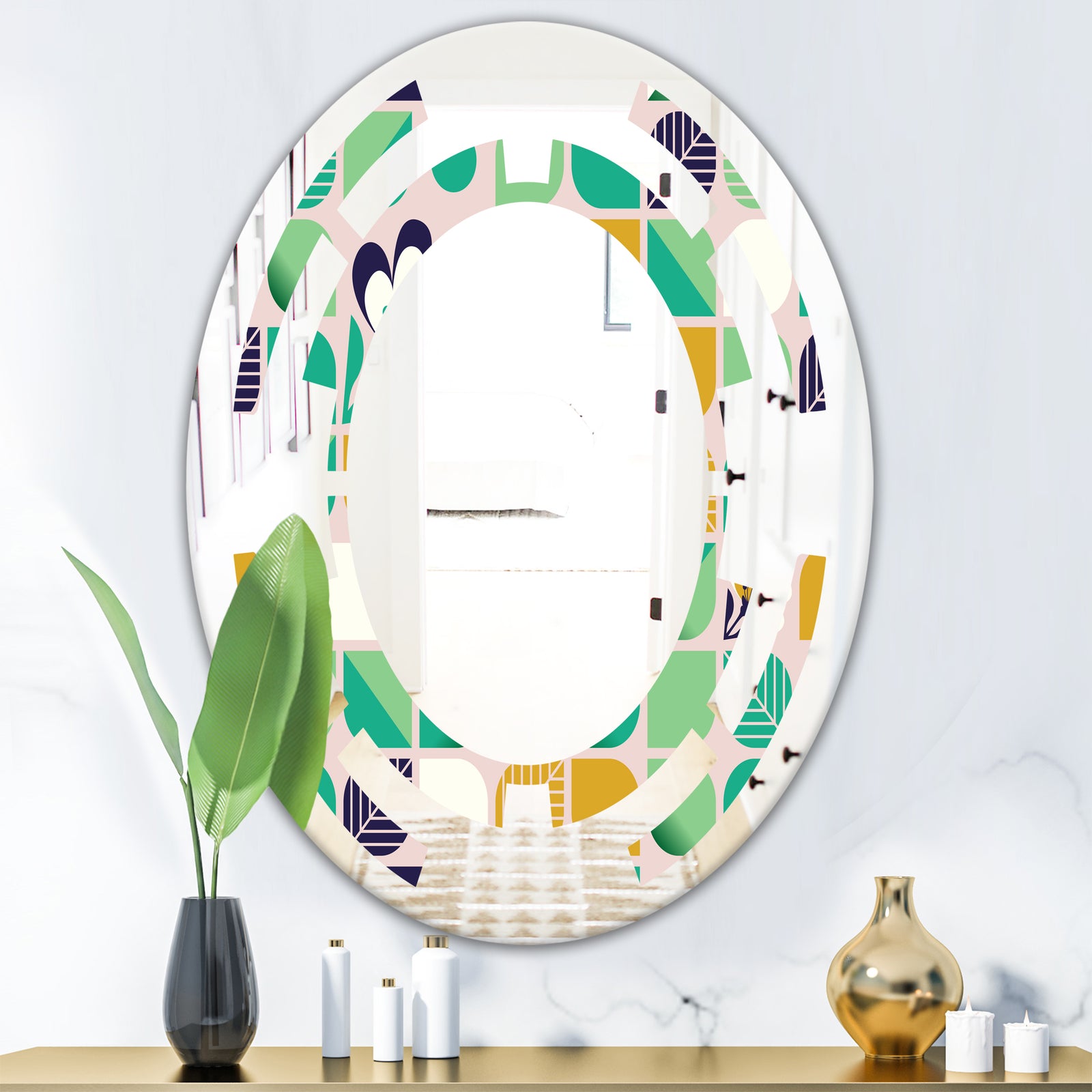 geometric pattern with leaves and flowers - Modern Round or Oval Wall Mirror - Space