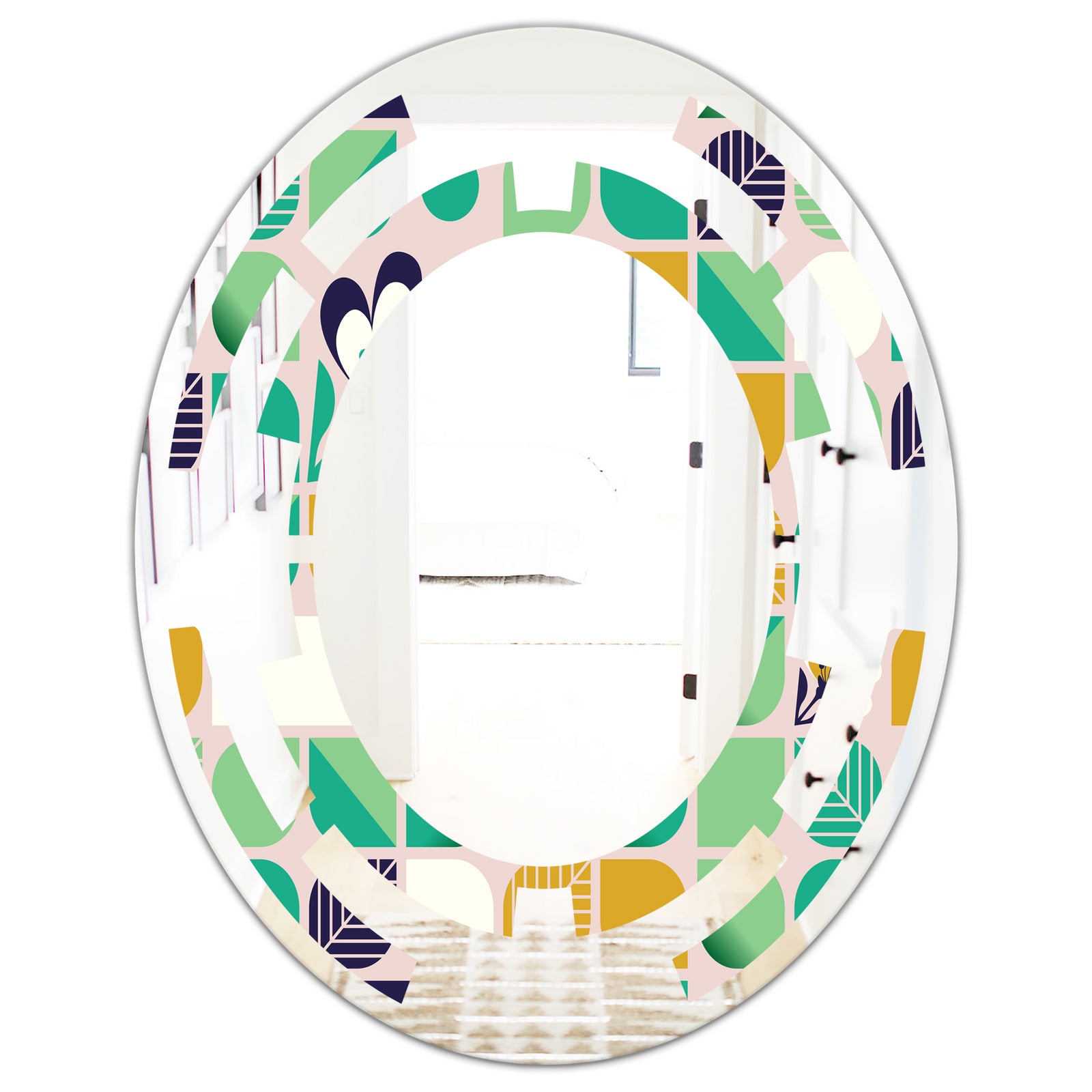 geometric pattern with leaves and flowers - Modern Round or Oval Wall Mirror - Space