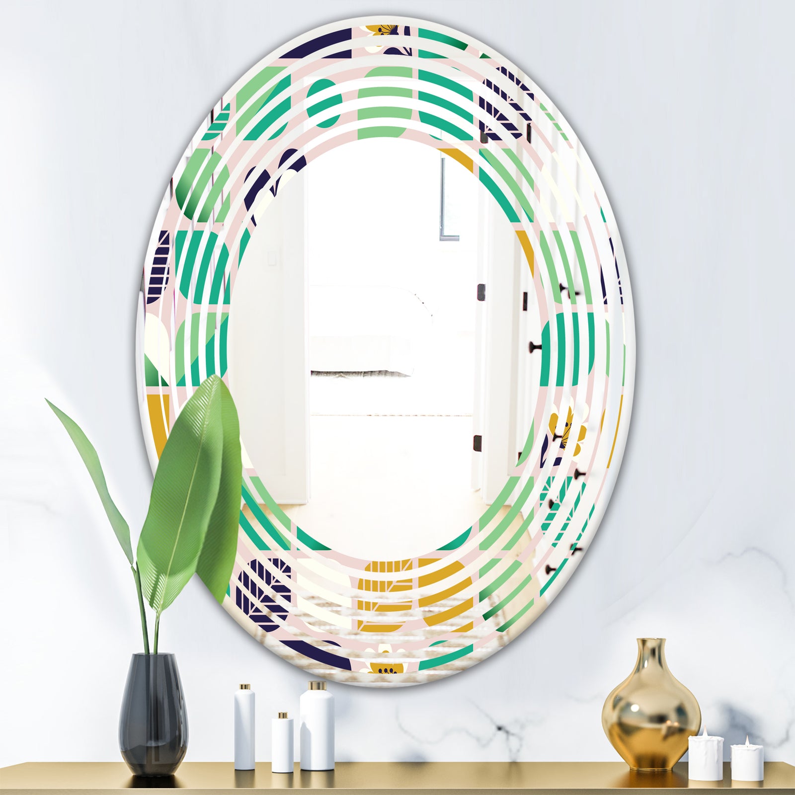 geometric pattern with leaves and flowers - Modern Round or Oval Wall Mirror - Wave