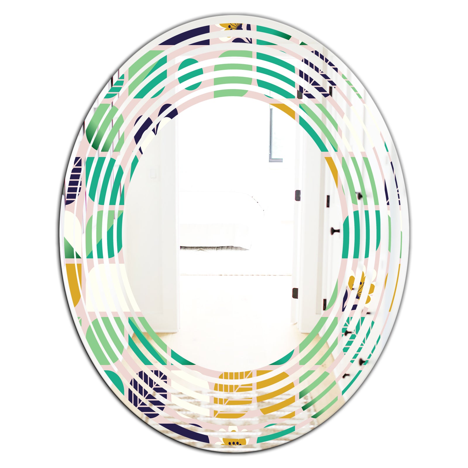 geometric pattern with leaves and flowers - Modern Round or Oval Wall Mirror - Wave