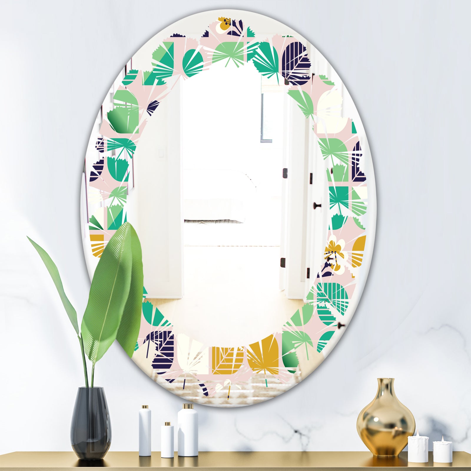 geometric pattern with leaves and flowers - Modern Round or Oval Wall Mirror - Leaves