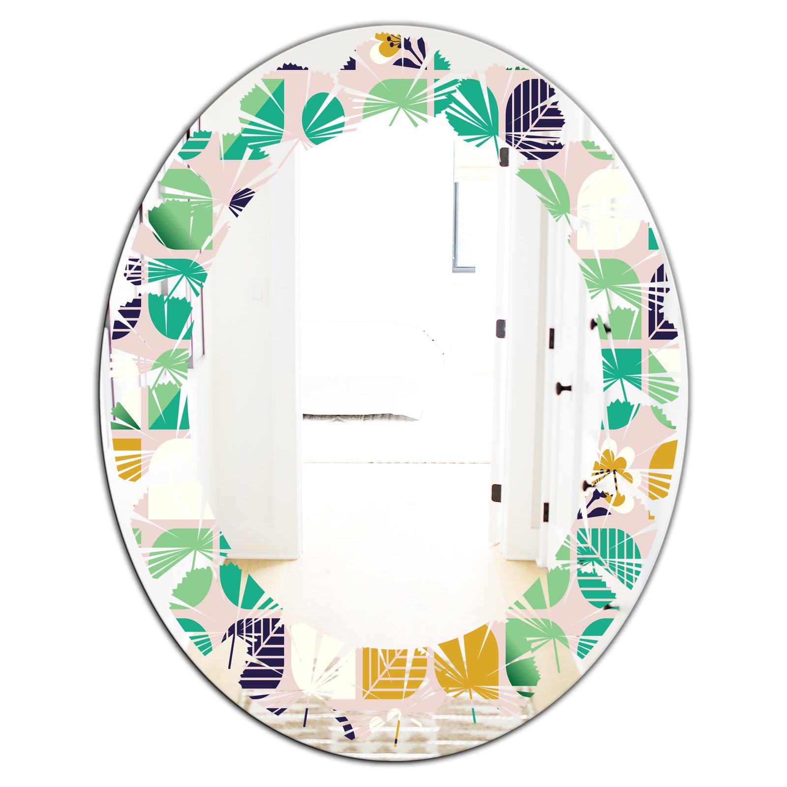 geometric pattern with leaves and flowers - Modern Round or Oval Wall Mirror - Leaves
