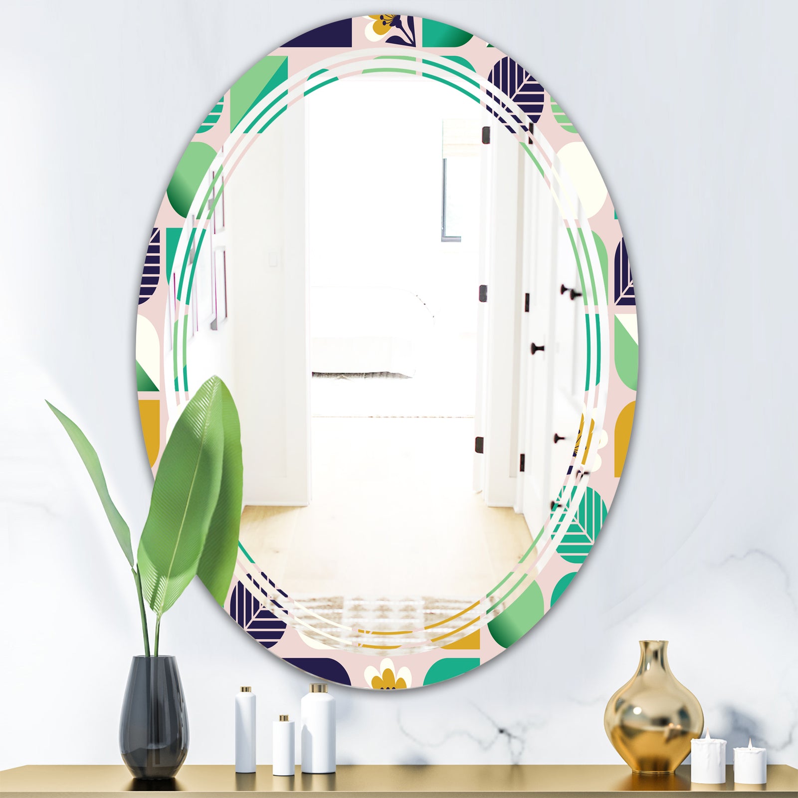 geometric pattern with leaves and flowers - Modern Round or Oval Wall Mirror - Triple C