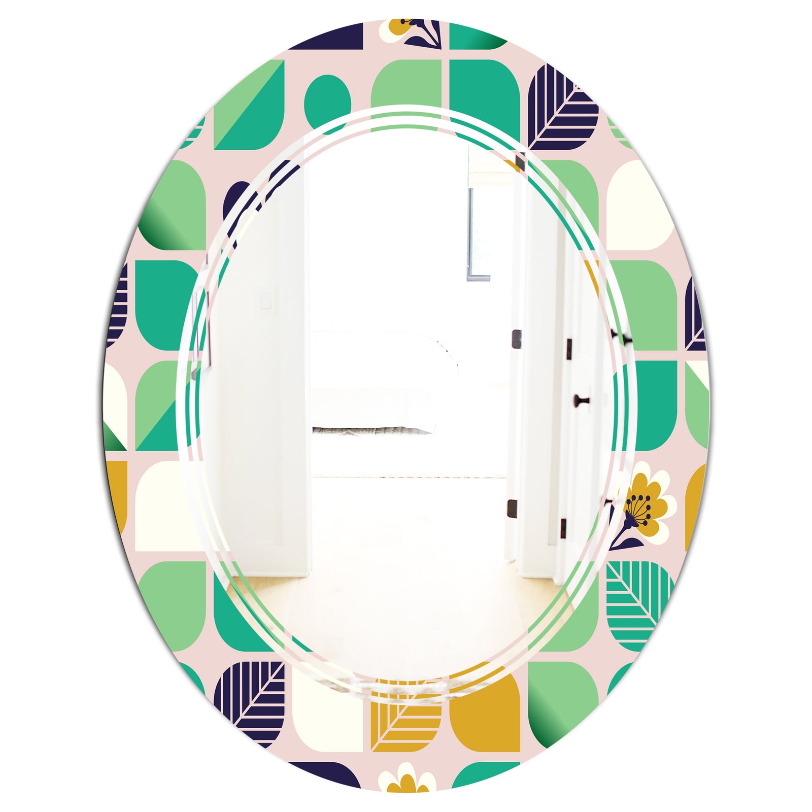 geometric pattern with leaves and flowers - Modern Round or Oval Wall Mirror - Triple C