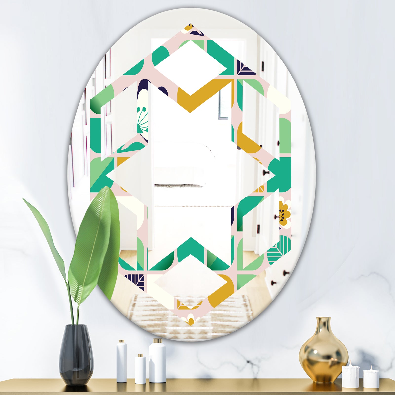 geometric pattern with leaves and flowers - Modern Round or Oval Wall Mirror - Hexagon Star